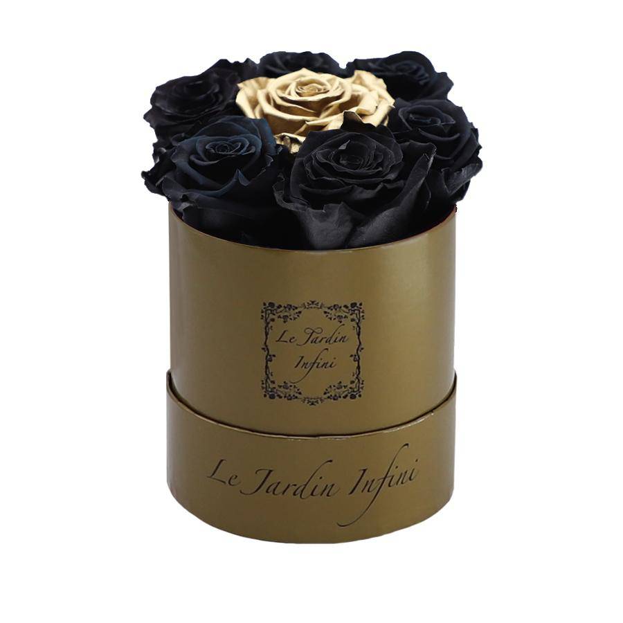 7 Black & Gold Dot Preserved Roses - Luxury Round Shiny Gold Box
