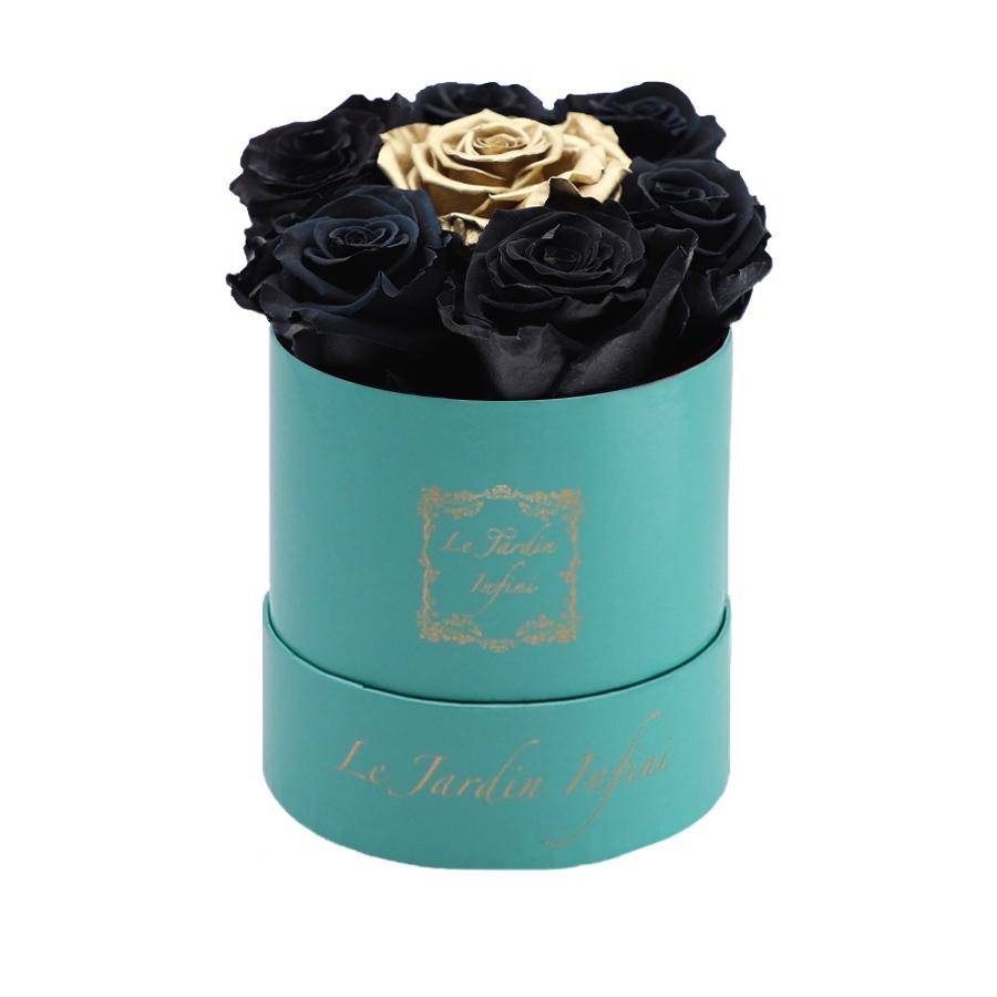 7 Black & Gold Dot Preserved Roses - Luxury Round Shiny Turquoise Box