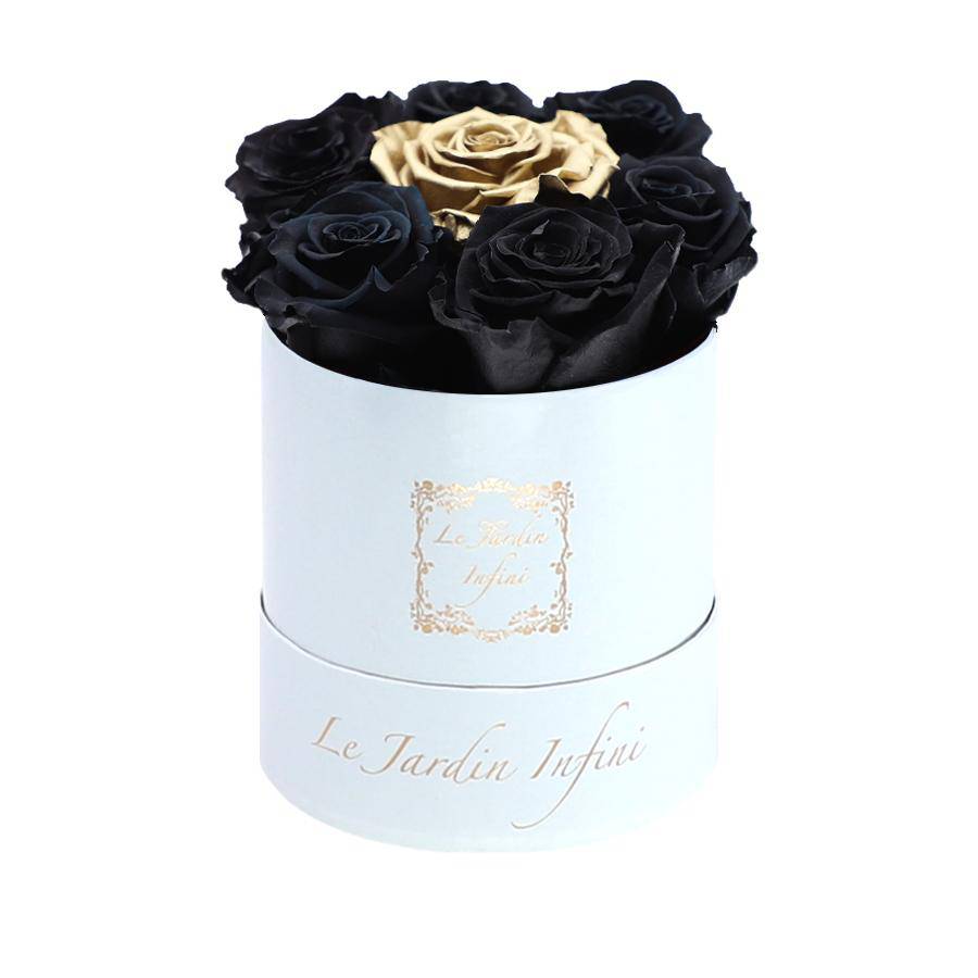 7 Black & Gold Dot Preserved Roses - Luxury Round Shiny White Box