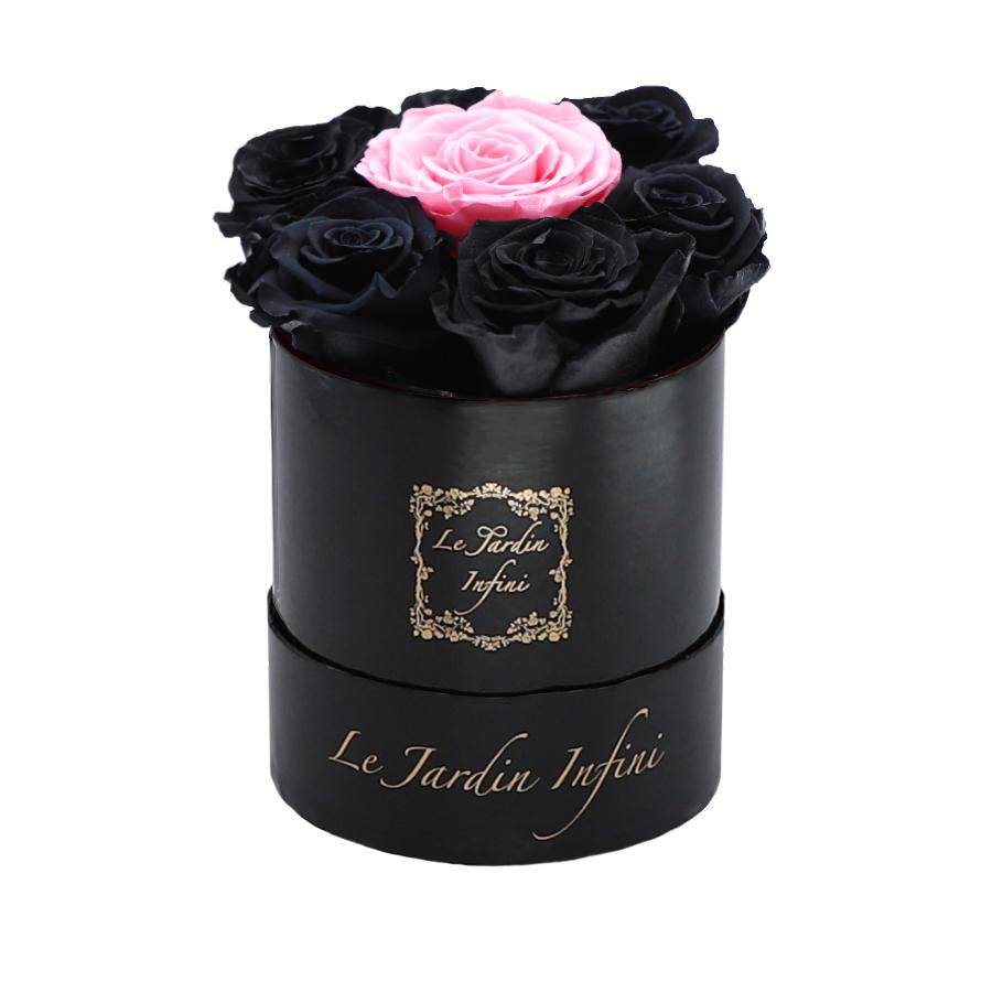7 Black & Pink Dot Preserved Roses - Luxury Round Shiny Black Box
