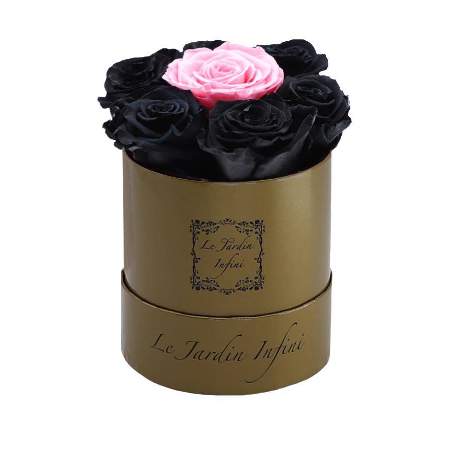 7 Black & Pink Dot Preserved Roses - Luxury Round Shiny Gold Box