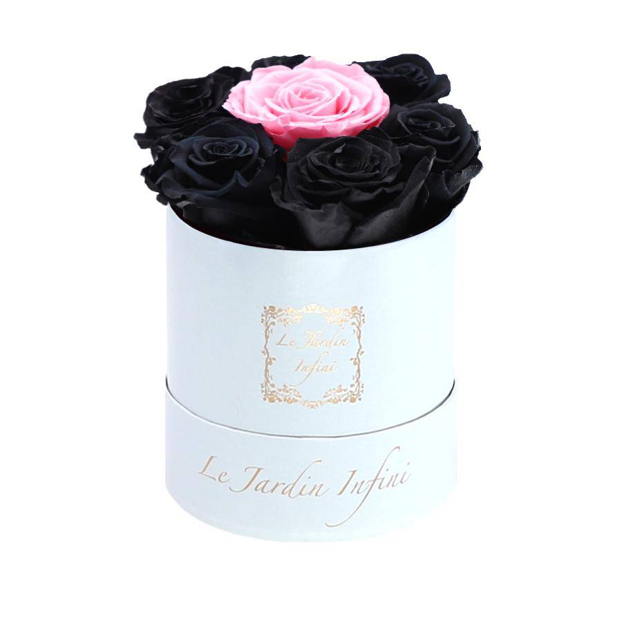 7 Black & Pink Dot Preserved Roses - Luxury Round Shiny White Box