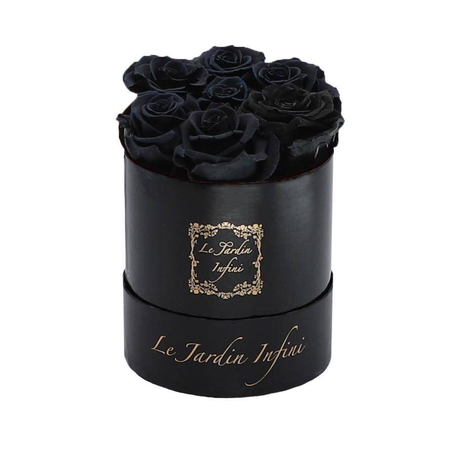7 Black Preserved Roses - Luxury Round Shiny Black Box