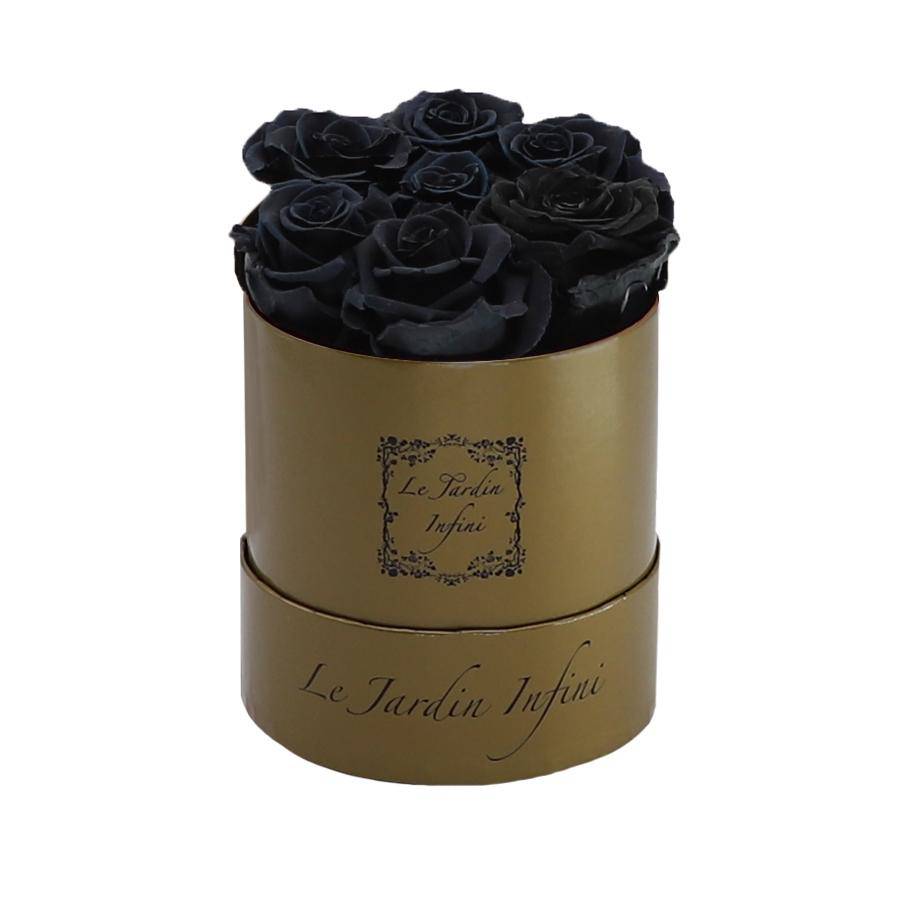 7 Black Preserved Roses - Luxury Round Shiny Gold Box
