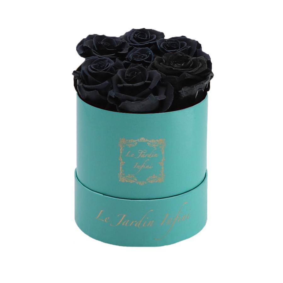 7 Black Preserved Roses - Luxury Round Shiny Turquoise Box