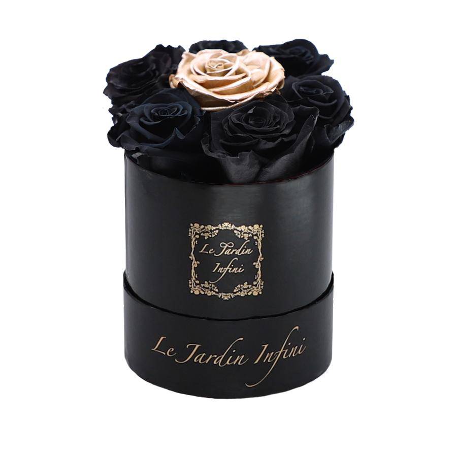 7 Black & Rose Gold Dot Preserved Roses - Luxury Round Shiny Black Box