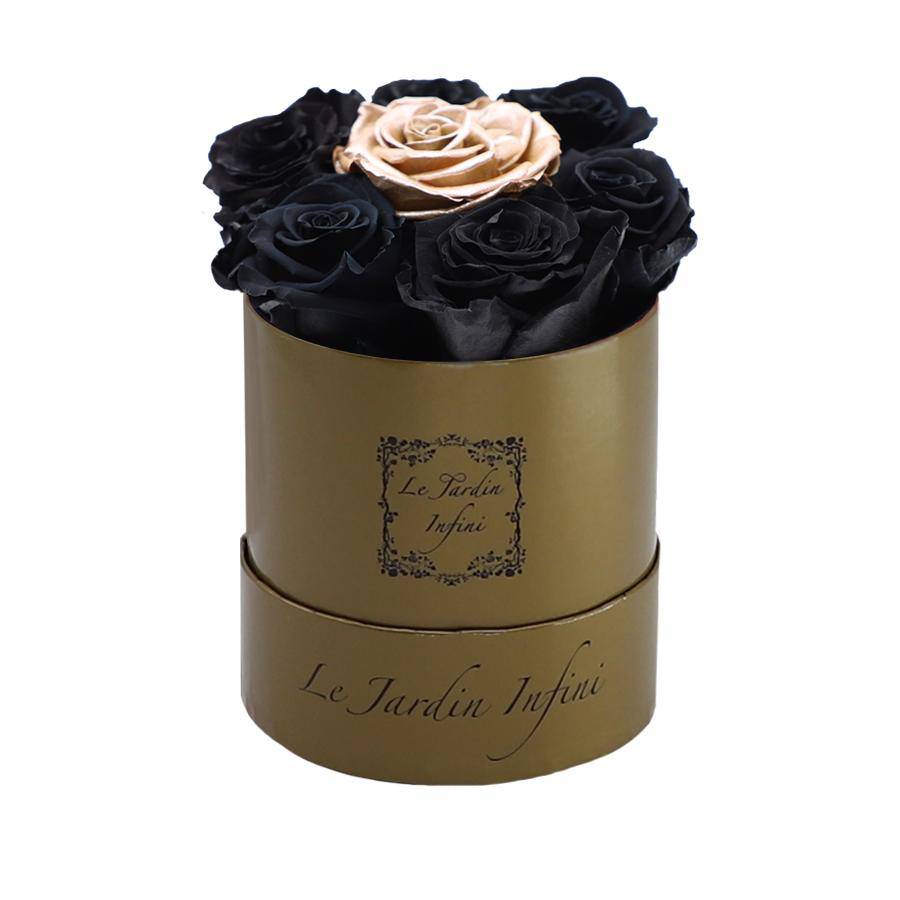 7 Black & Rose Gold Dot Preserved Roses - Luxury Round Shiny Gold Box