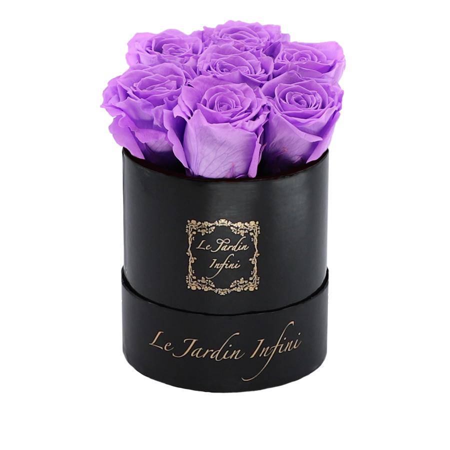 7 Bright Lilac Preserved Roses - Luxury Round Shiny Black Box