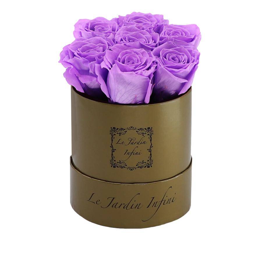 7 Bright Lilac Preserved Roses - Luxury Round Shiny Gold Box