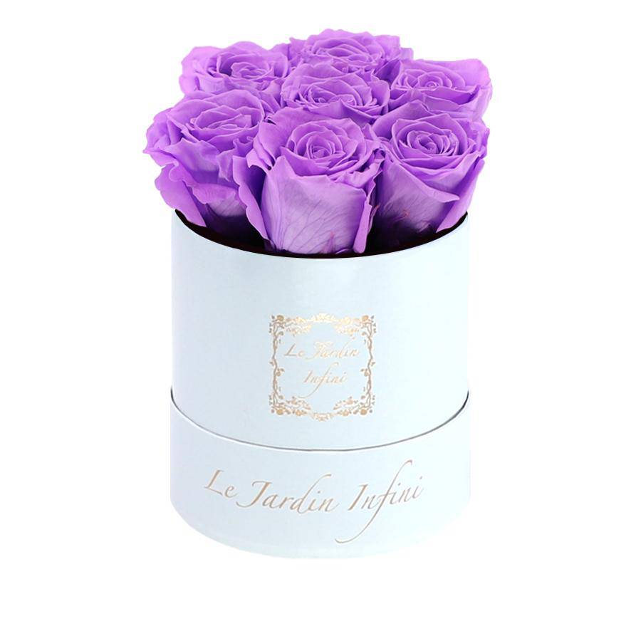 7 Bright Lilac Preserved Roses - Luxury Round Shiny White Box