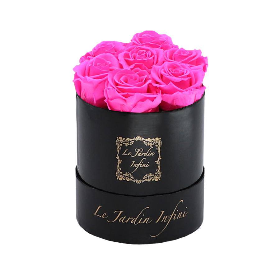 7 Bright Pink Preserved Roses - Luxury Round Shiny Black Box