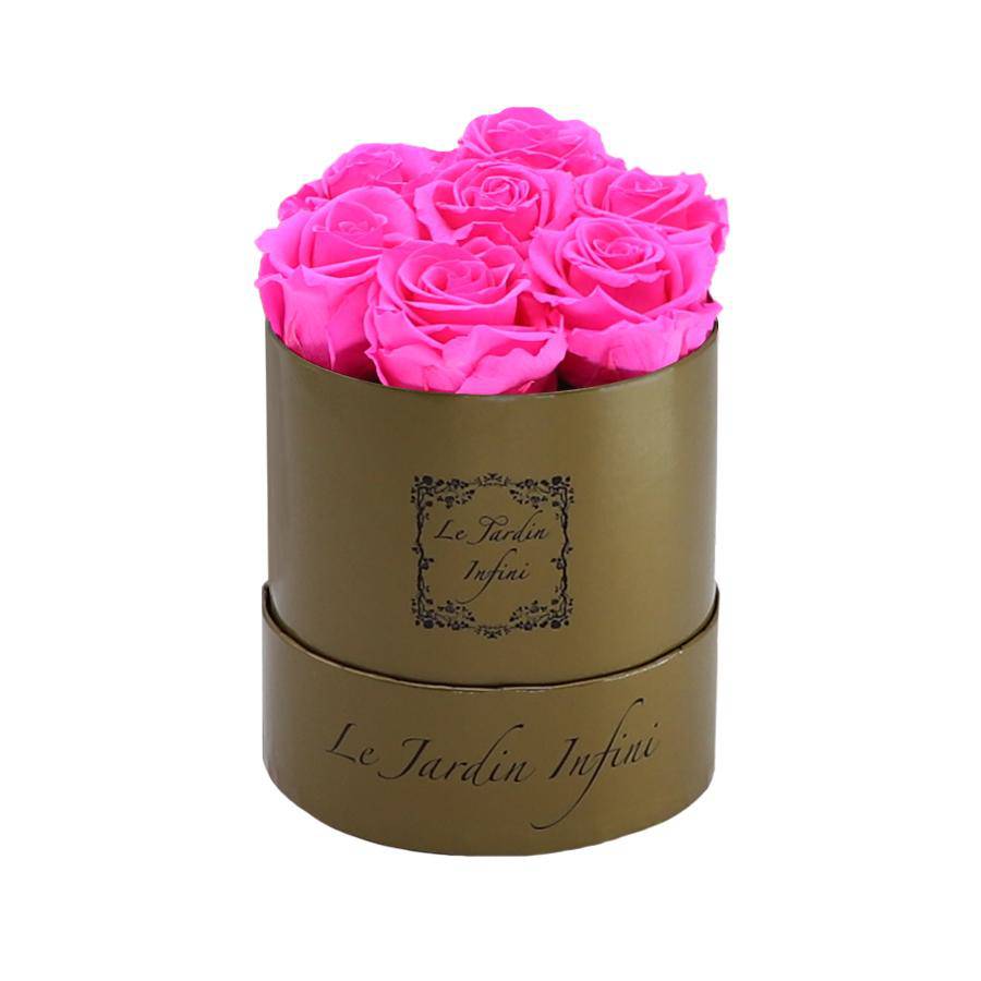 7 Bright Pink Preserved Roses - Luxury Round Shiny Gold Box
