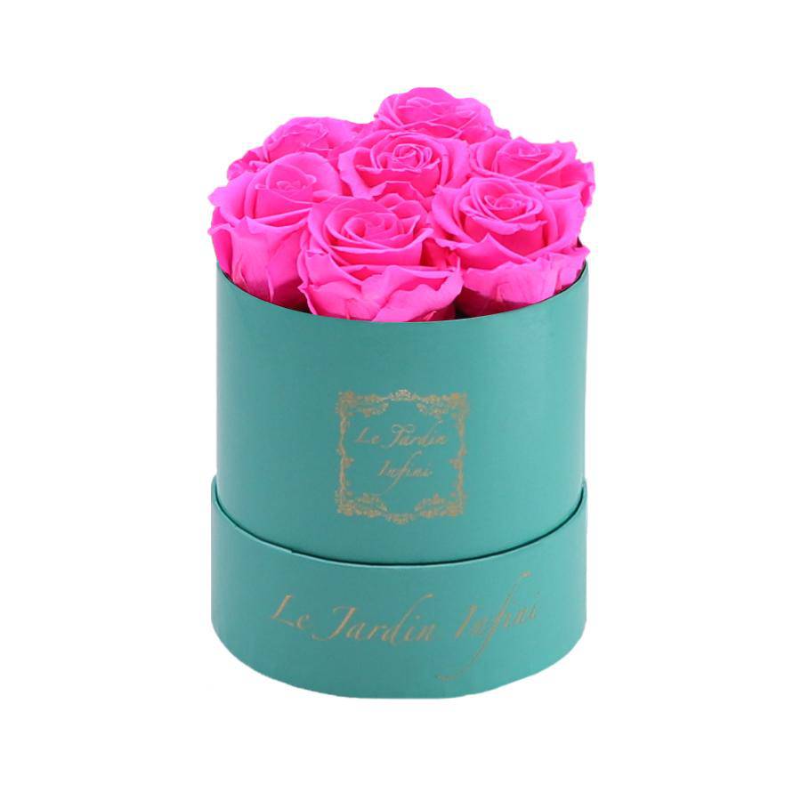 7 Bright Pink Preserved Roses - Luxury Round Shiny Turquoise Box