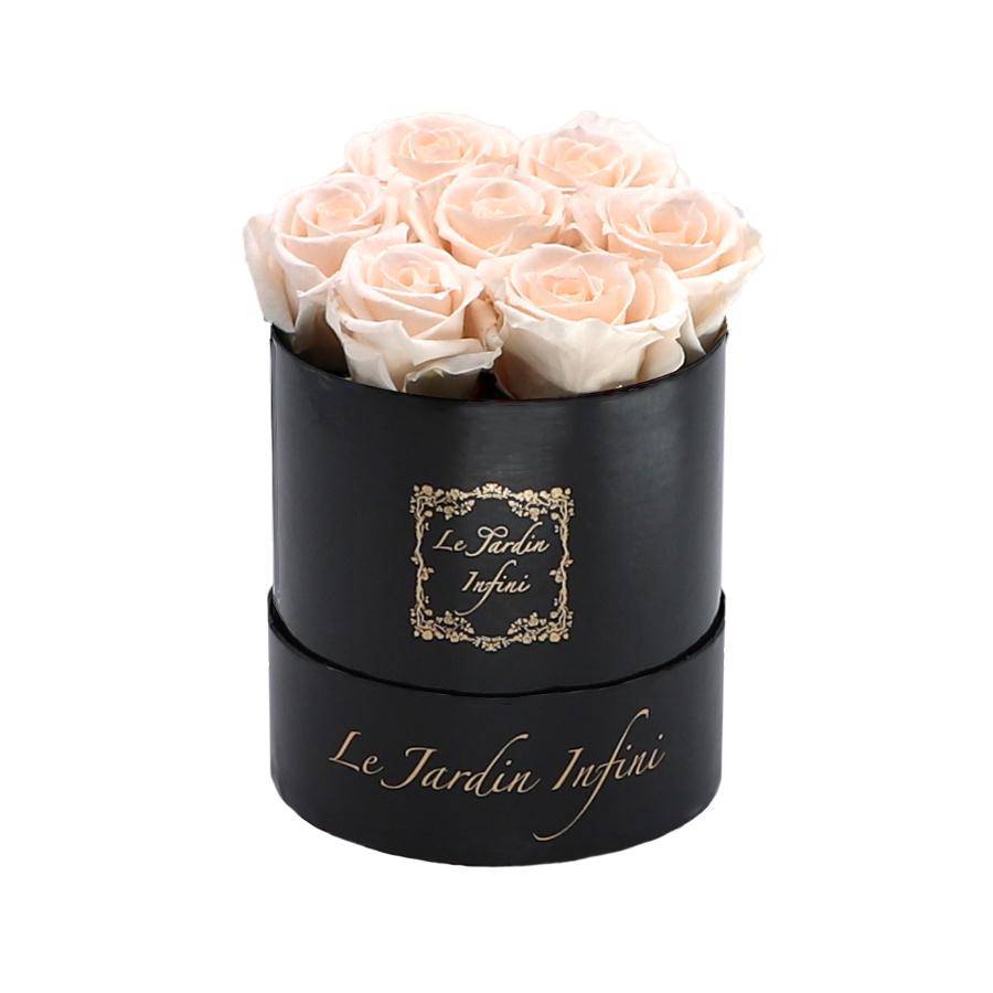 7 Champagne Preserved Roses - Luxury Round Shiny Black Box