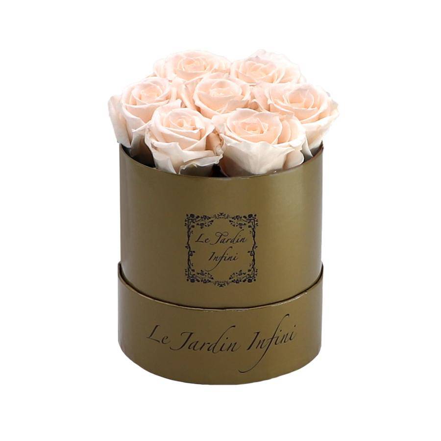 7 Champagne Preserved Roses - Luxury Round Shiny Gold Box