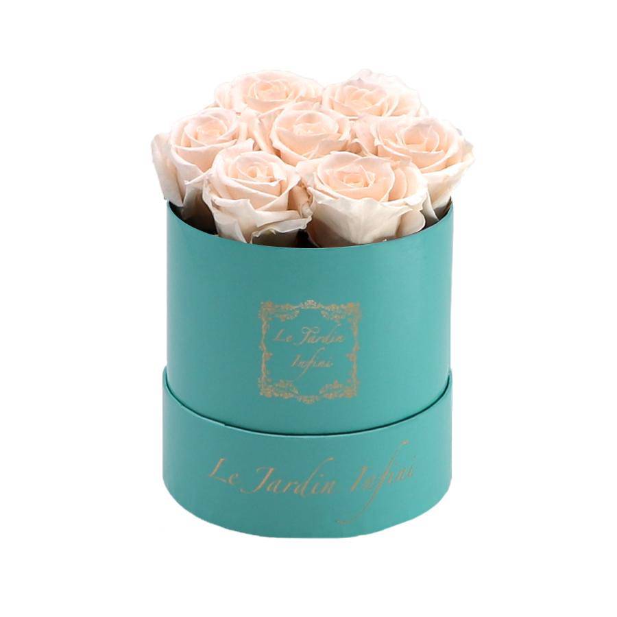 7 Champagne Preserved Roses - Luxury Round Shiny Turquoise Box