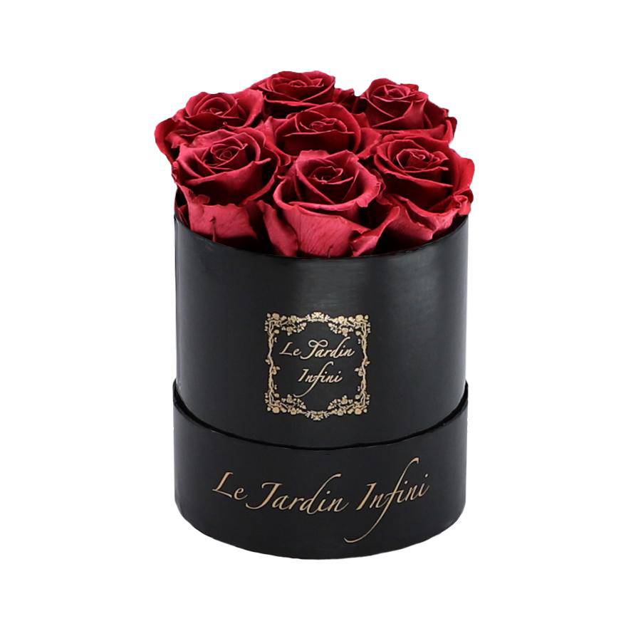 7 Cherry Preserved Roses - Luxury Round Shiny Black Box
