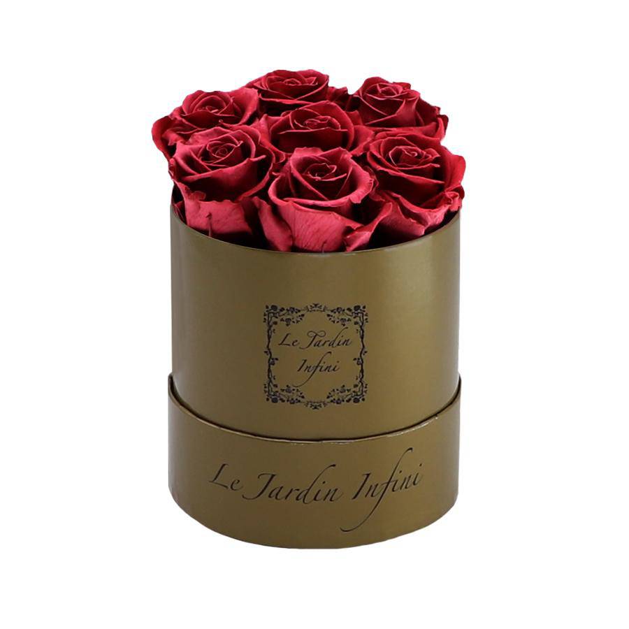 7 Cherry Preserved Roses - Luxury Round Shiny Gold Box
