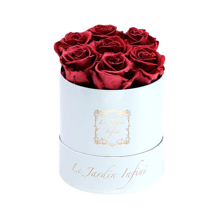 7 Cherry Preserved Roses - Luxury Round Shiny White Box