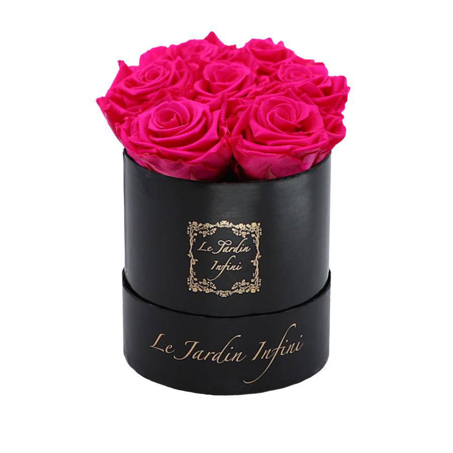 7 Fuchsia Preserved Roses - Luxury Round Shiny Black Box