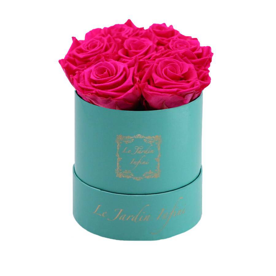 7 Fuchsia Preserved Roses - Luxury Round Shiny Turquoise Box