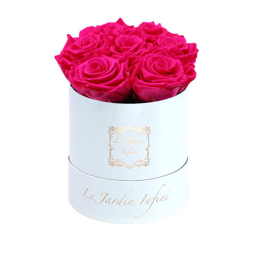 7 Fuchsia Preserved Roses - Luxury Round Shiny White Box