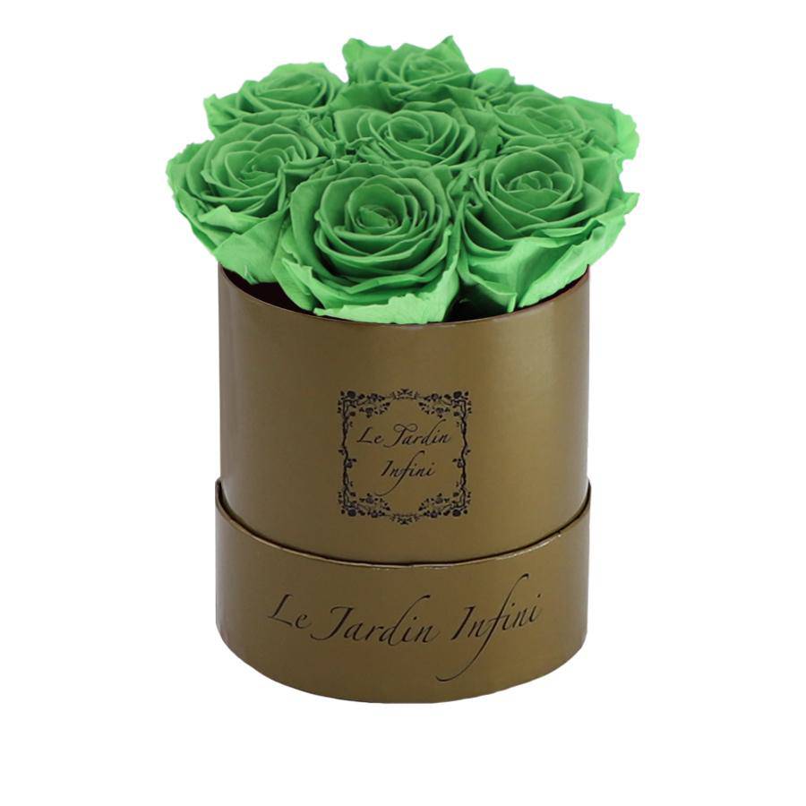 7 Green Tea Preserved Roses - Luxury Round Shiny Gold Box