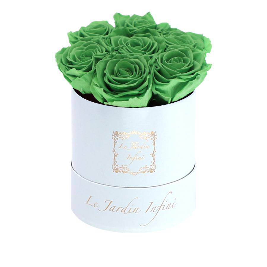 7 Green Tea Preserved Roses - Luxury Round Shiny White Box