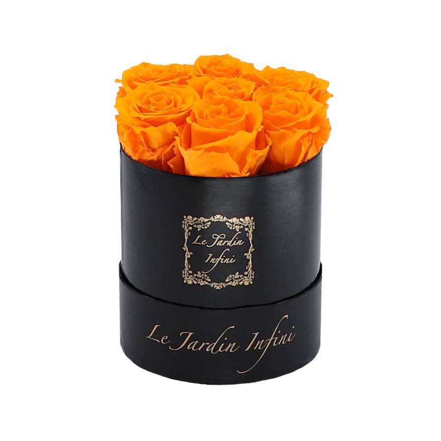 7 Orange Preserved Roses - Luxury Round Shiny Black Box
