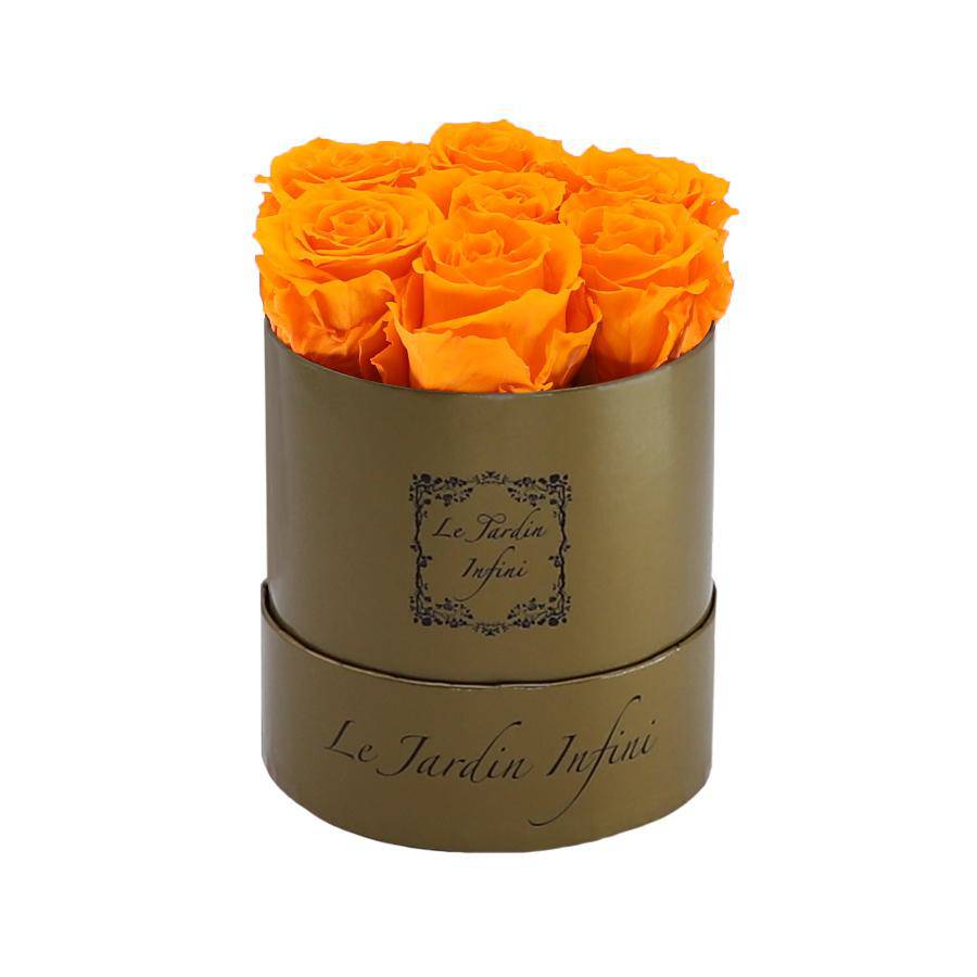 7 Orange Preserved Roses - Luxury Round Shiny Gold Box