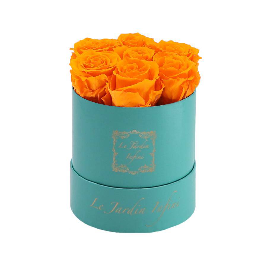 7 Orange Preserved Roses - Luxury Round Shiny Turquoise Box