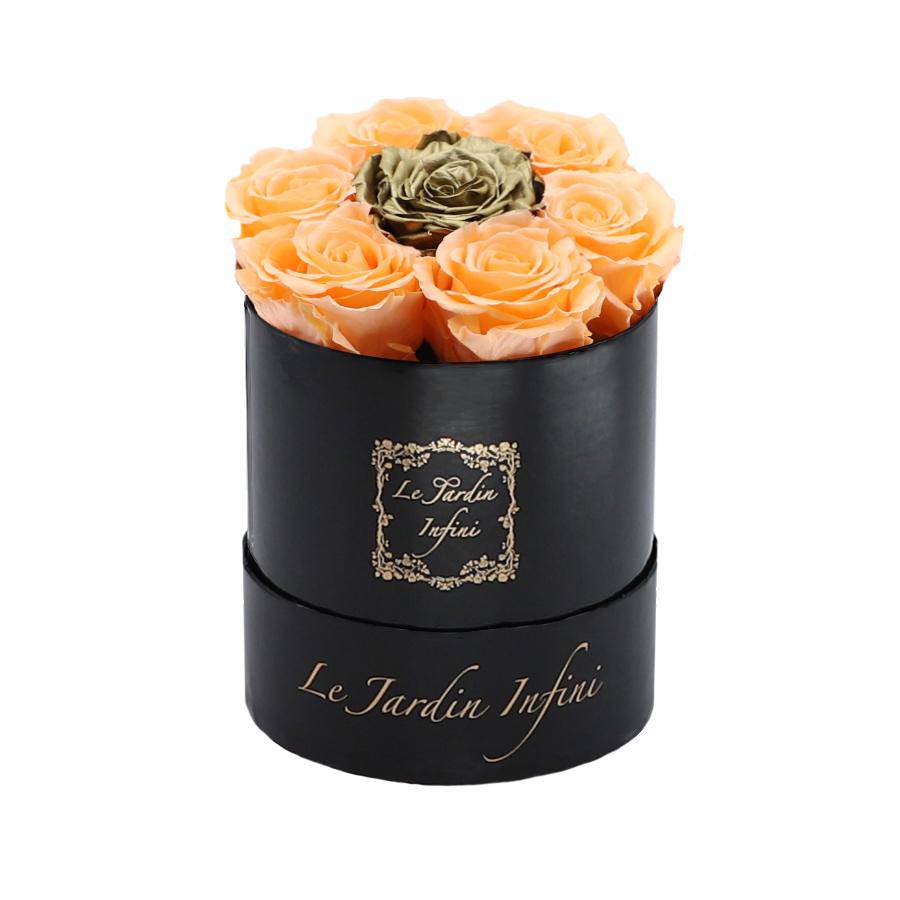 7 Peach & Gold Dot Preserved Roses - Luxury Round Shiny Black Box