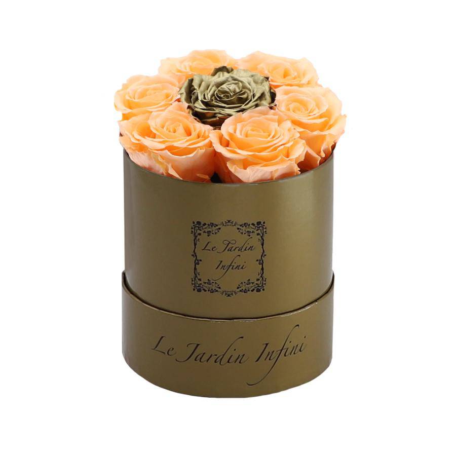 7 Peach & Gold Dot Preserved Roses - Luxury Round Shiny Gold Box