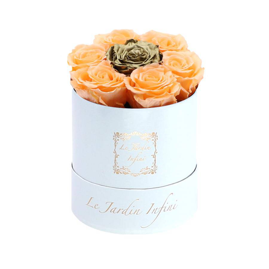 7 Peach & Gold Dot Preserved Roses - Luxury Round Shiny White Box