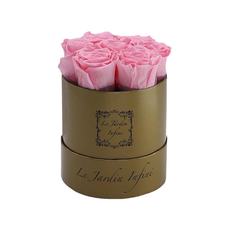 7 Pink Preserved Roses - Luxury Round Shiny Gold Box