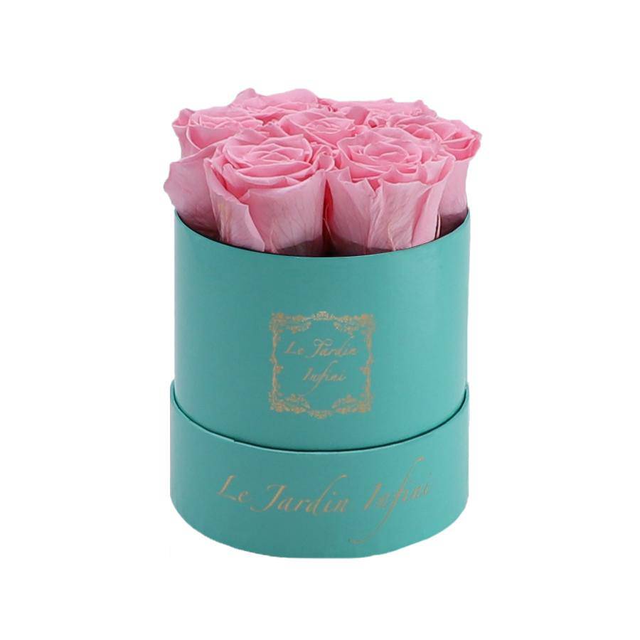 7 Pink Preserved Roses - Luxury Round Shiny Turquoise Box