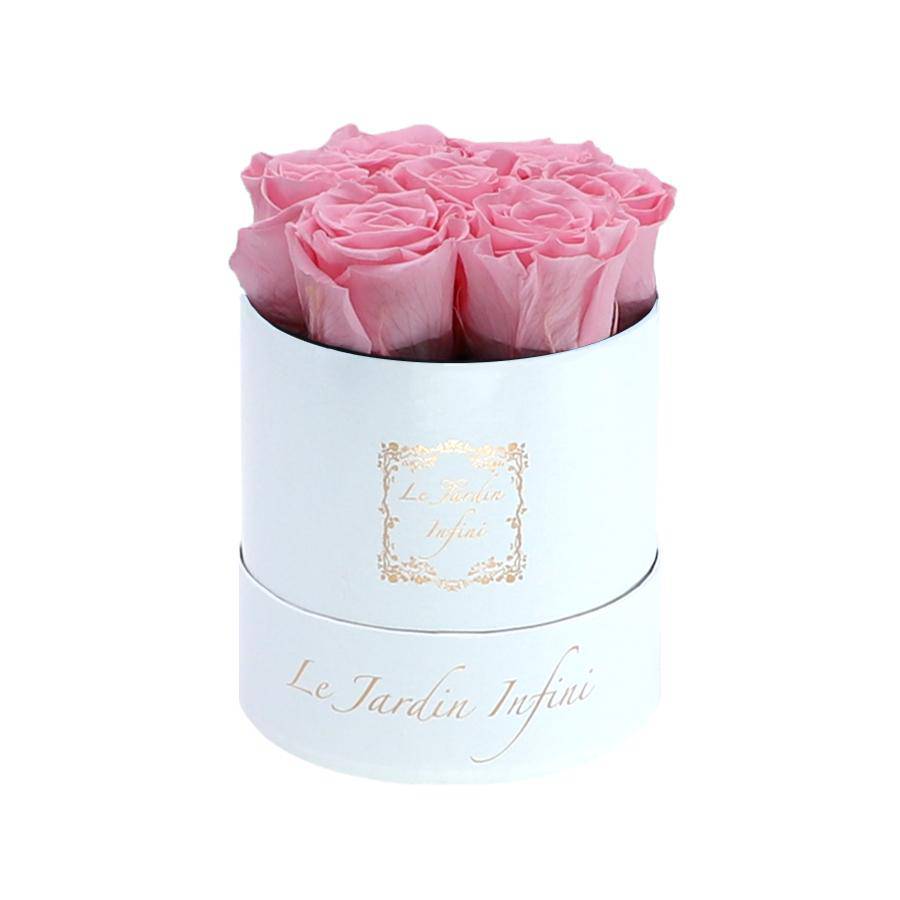 7 Pink Preserved Roses - Luxury Round Shiny White Box