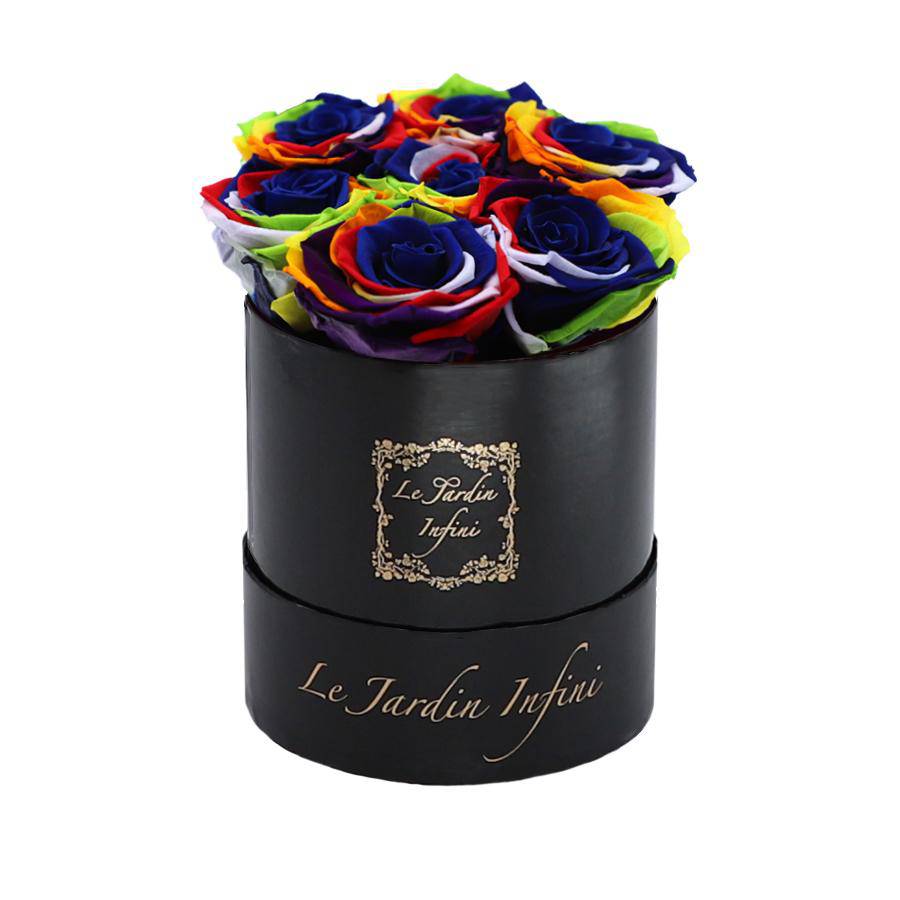 7 Rainbow Preserved Roses - Luxury Round Shiny Black Box