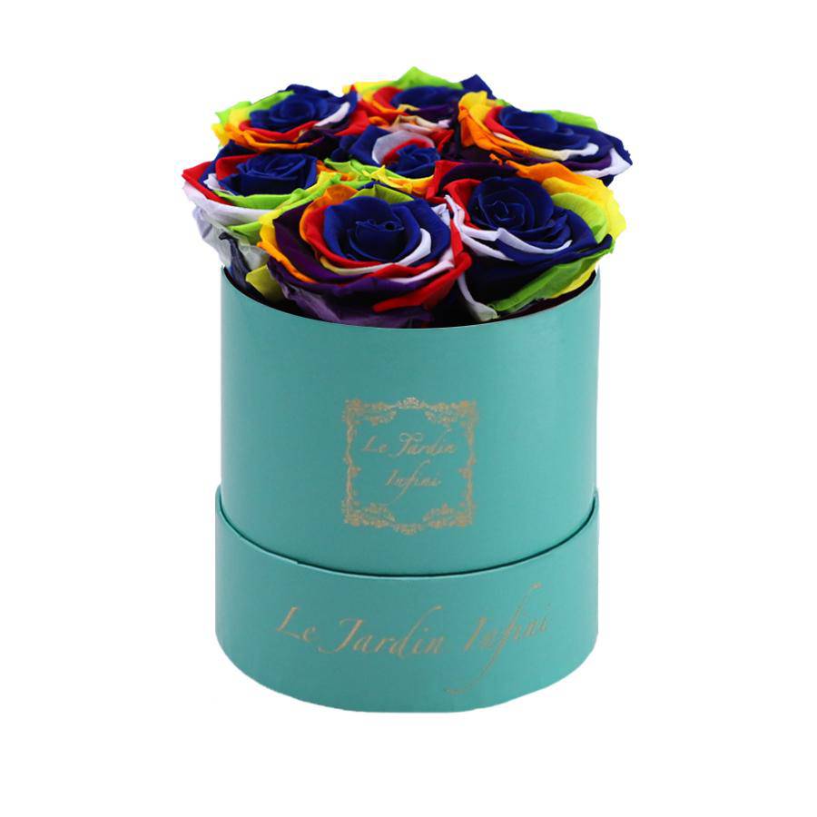 7 Rainbow Preserved Roses - Luxury Round Shiny Turquoise Box