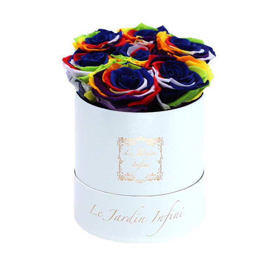 7 Rainbow Preserved Roses - Luxury Round Shiny White Box