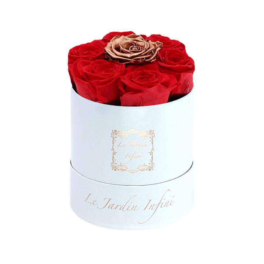 7 Red & Copper Dot Preserved Roses - Luxury Round Shiny White Box