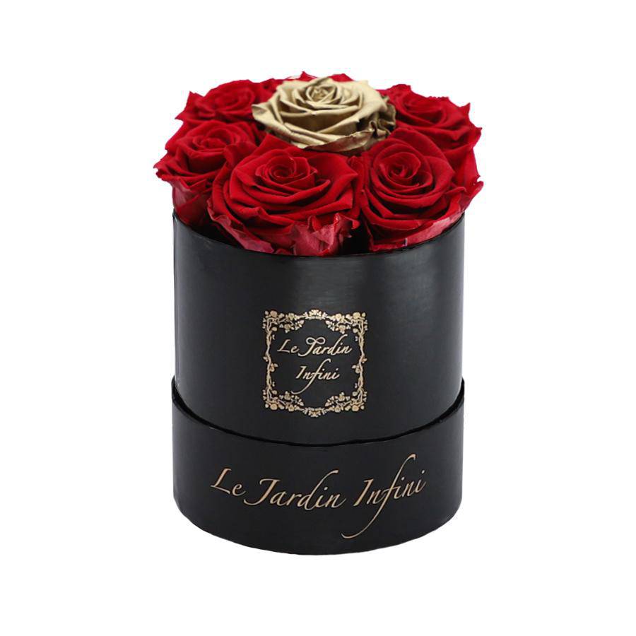 7 Red & Gold Dot Preserved Roses - Luxury Round Shiny Black Box