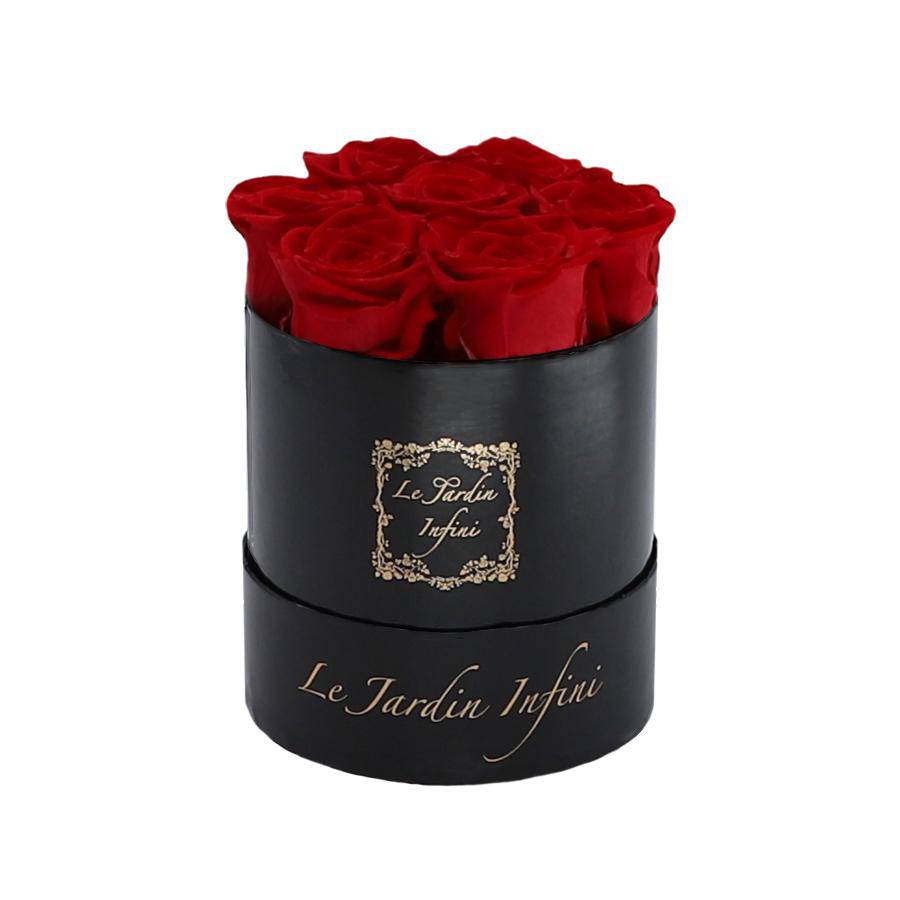7 Red Preserved Roses - Luxury Round Shiny Black Box