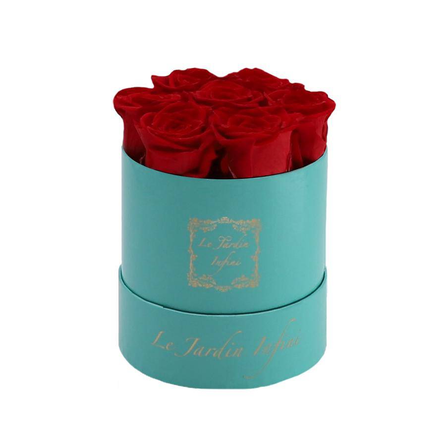 7 Red Preserved Roses - Luxury Round Shiny Turquoise Box