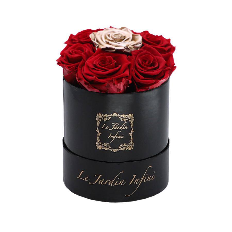 7 Red & Rose Gold Dot Preserved Roses - Luxury Round Shiny Black Box