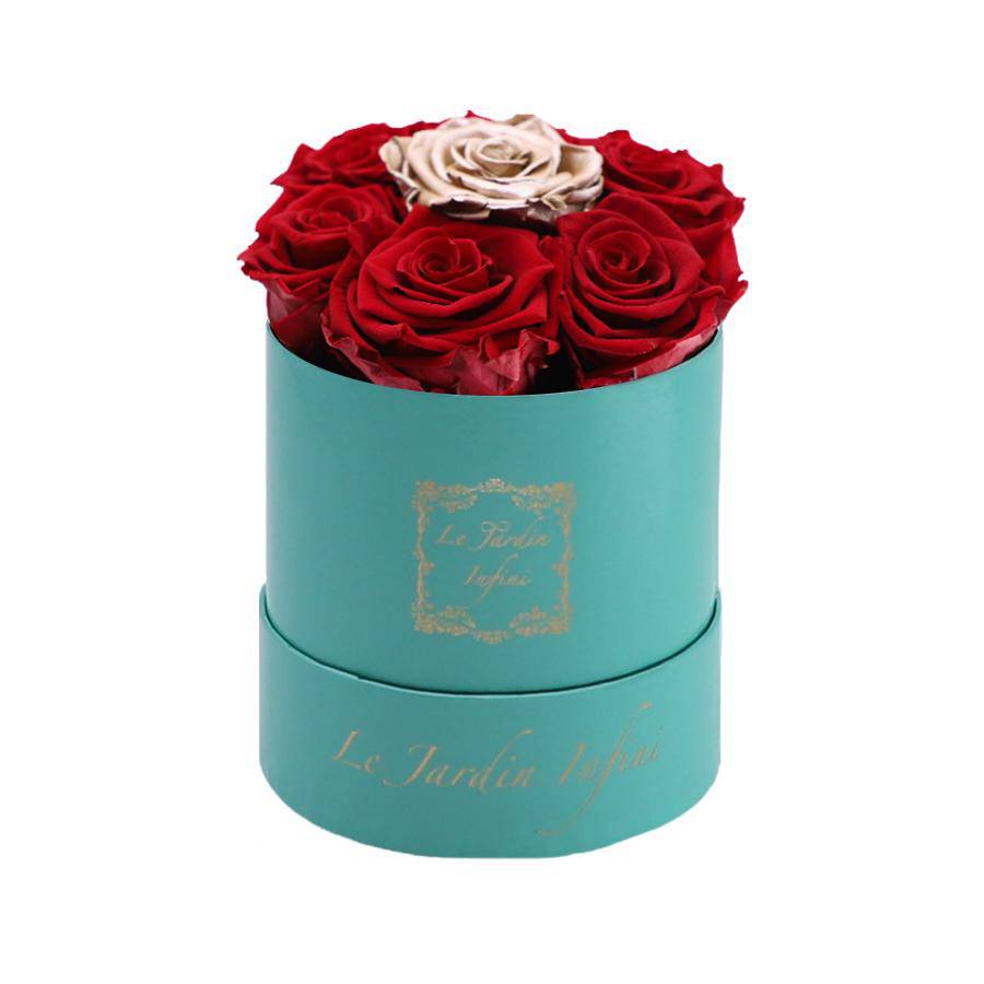 7 Red & Rose Gold Dot Preserved Roses - Luxury Round Shiny Turquoise Box