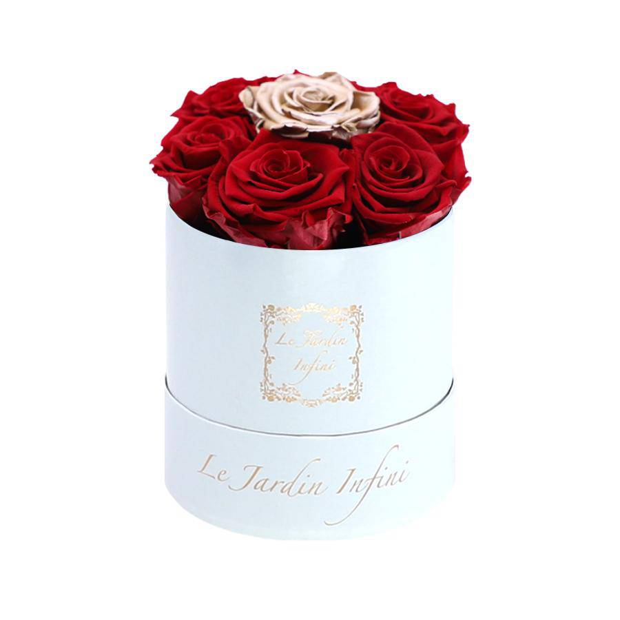 7 Red & Rose Gold Dot Preserved Roses - Luxury Round Shiny White Box
