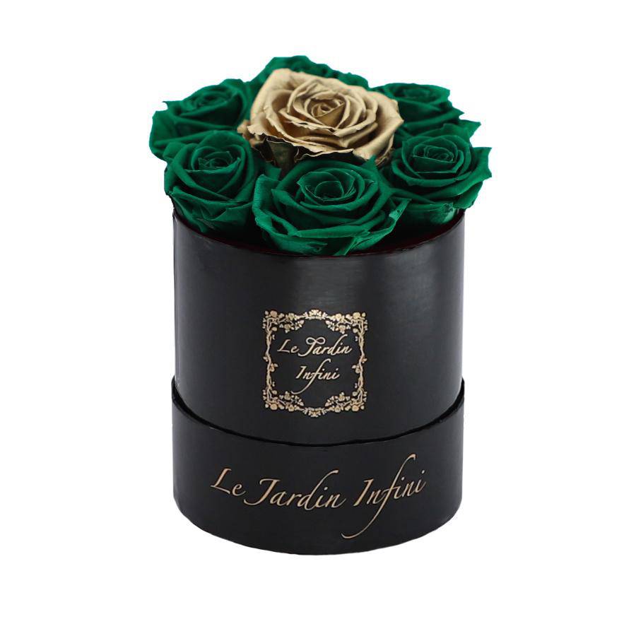 7 St. Patrick Green & Gold Dot Preserved Roses - Luxury Round Shiny Black Box