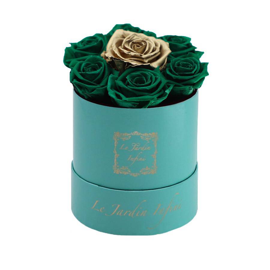 7 St. Patrick Green & Gold Dot Preserved Roses - Luxury Round Shiny Turquoise Box