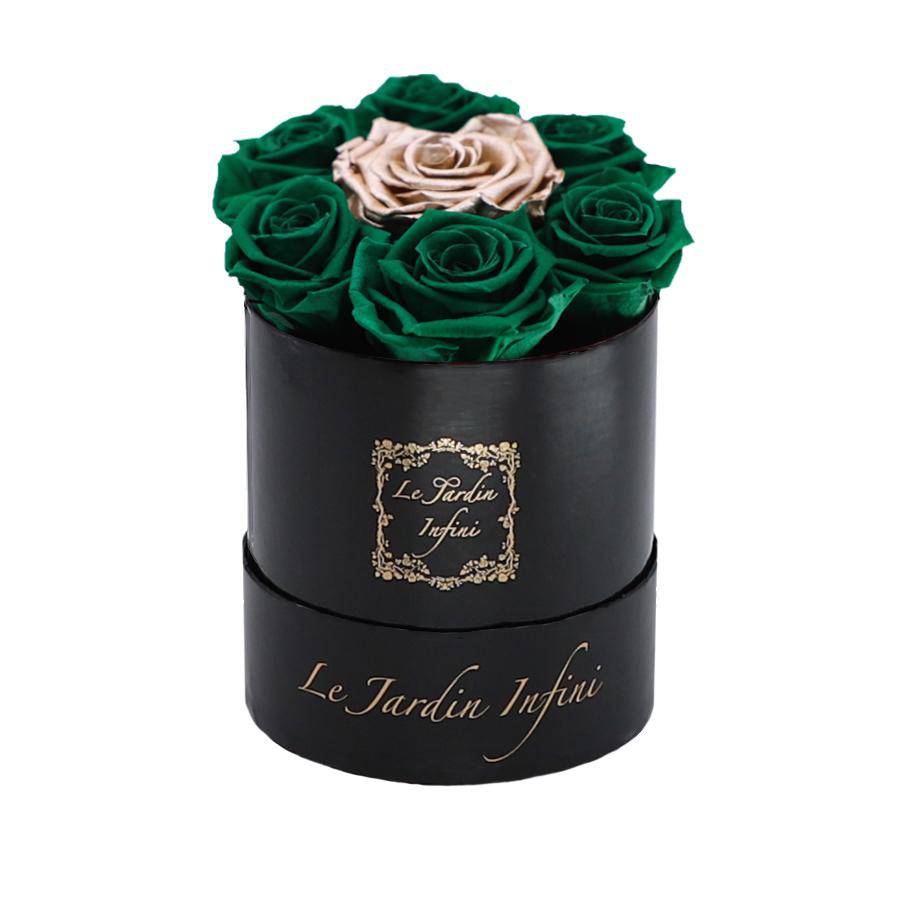 7 St. Patrick Green & Rose Gold Dot Preserved Roses - Luxury Round Shiny Black Box